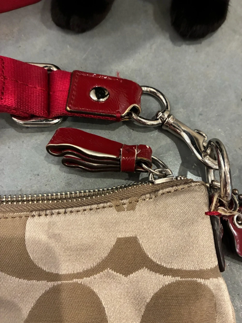 Coach Poppy Beige Signature Shoulder Bag with Red Trim and Strap